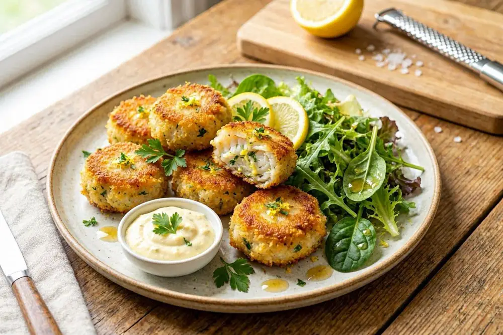 Golden-brown fish croquettes arranged on a plate, served with a fresh green salad