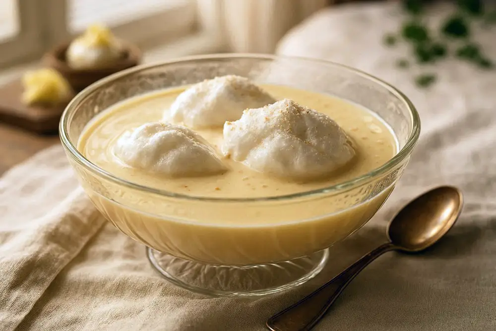 Soft white meringue dumplings floating in pale yellow vanilla custard in a glass bowl