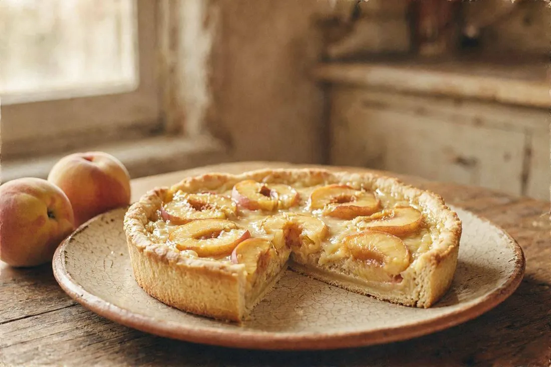 A pale pastry tart topped with fresh peach halves coated in almond custard cream