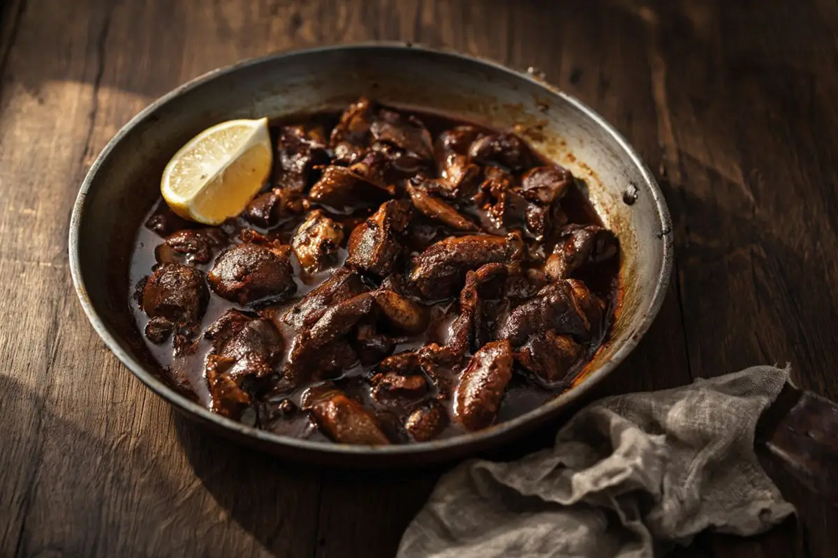 Chicken livers and gizzards in a rich paprika-wine sauce served over creamy mashed potatoes in a rustic ceramic dish.