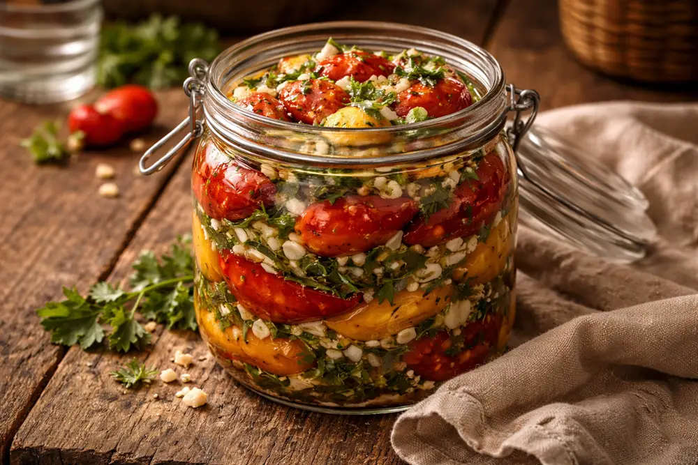 Glass jar filled with golden-brown pan-fried peppers layered with green herbs and garlic, on a wooden surface
