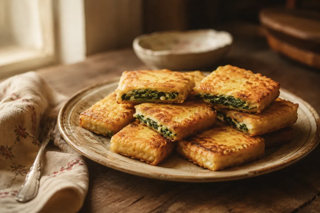 Small golden fried spinach sandwiches cut into bite-sized pieces on a plate