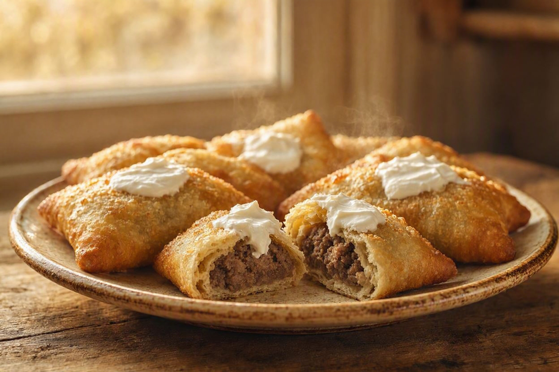 Golden fried meat pastries topped with sour cream on a rustic platter