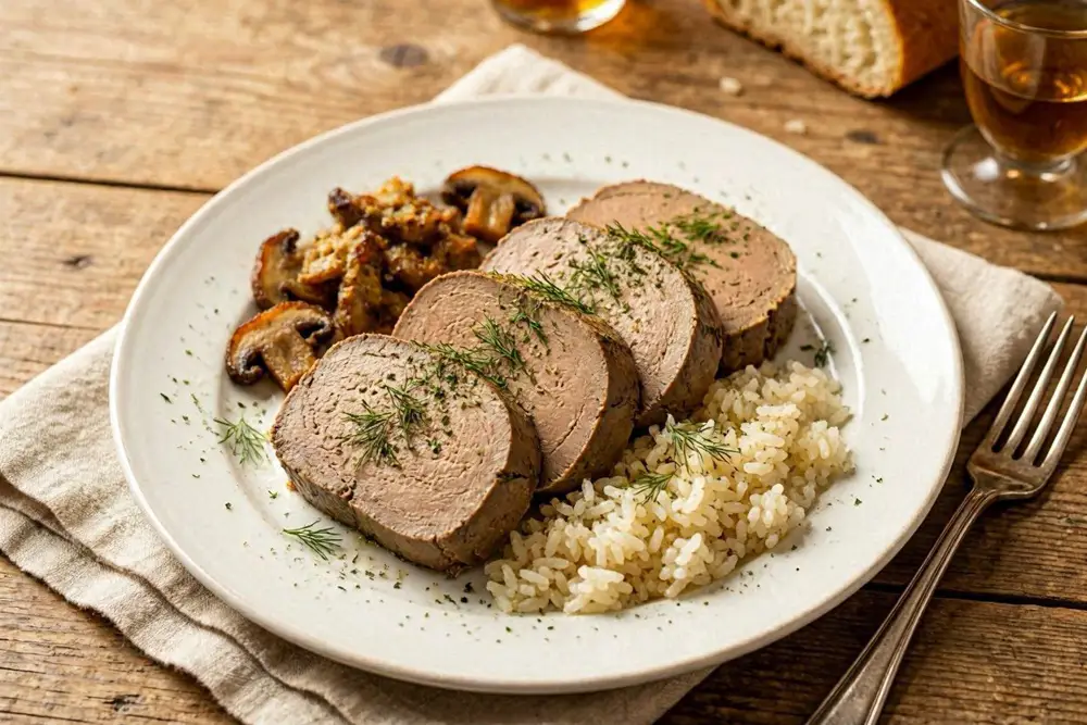 A round terrine of goose liver pudding on a large plate, garnished with rice and fried mushrooms