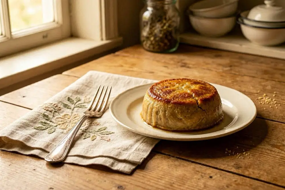 A small baked goose liver pudding turned out onto a plate, golden and lightly risen