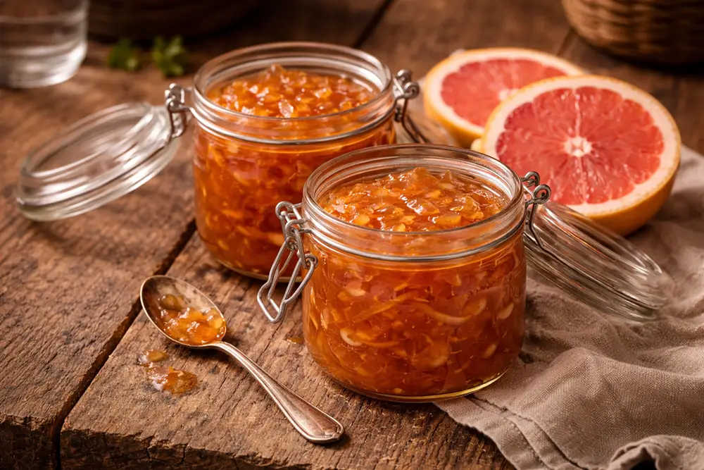 Two open jars of amber grapefruit marmalade on a wooden surface, thin strips of peel visible through the glossy jelly, a halved grapefruit beside them