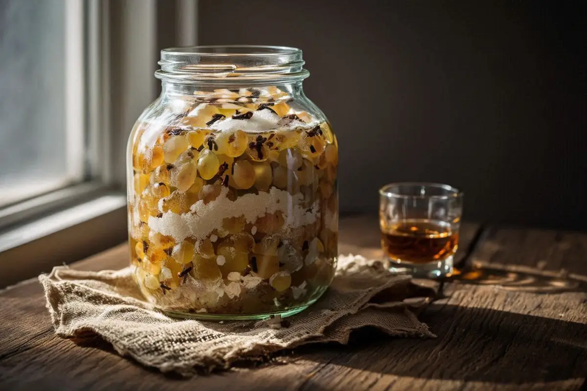 White grape clusters layered with sugar and whole cloves in a large glass jar filled with golden brandy