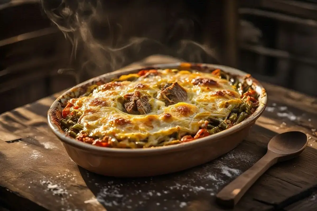 Golden-brown lamb and green bean casserole in ceramic baking dish