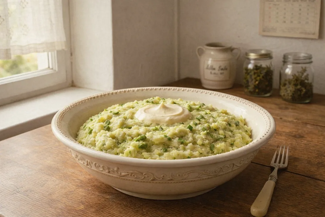 Bowl of smooth green lettuce and potato purée with a swirl of sour cream