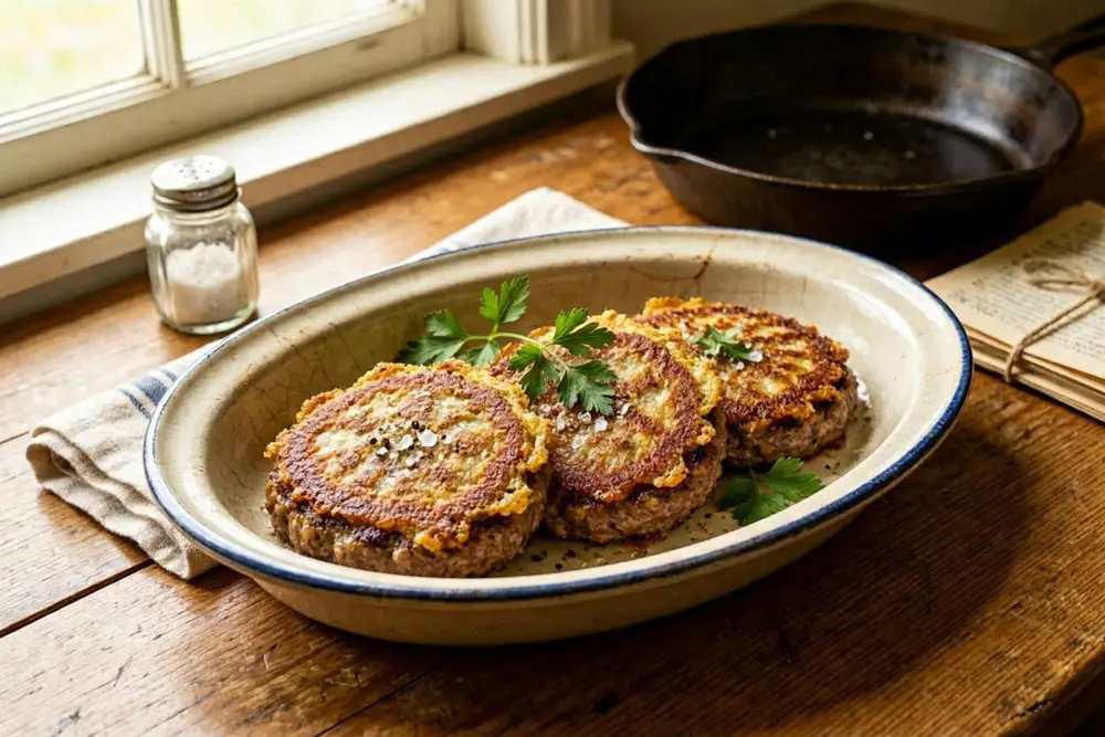Golden pan-fried ground beef steaks arranged on a vintage serving platter, crispy egg-and-flour crust, garnished with parsley