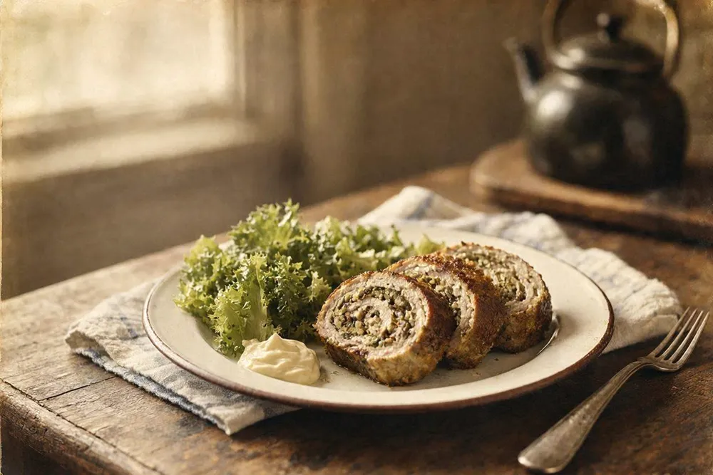 Sliced ground chicken roulade showing a liver and egg filling spiral