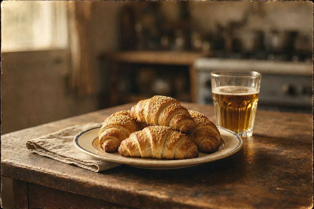 Golden-brown ham-filled yeast pastry rolls on a rustic plate