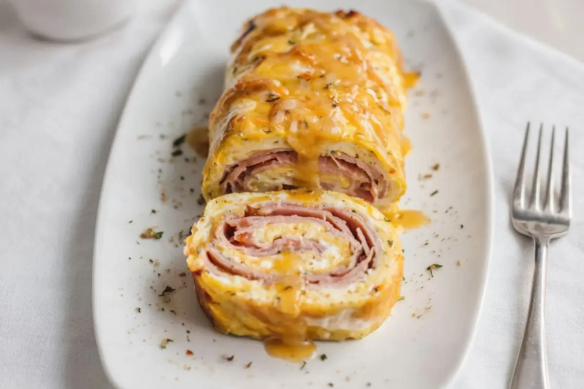 Sliced baked ham omelette roll on a white serving plate, golden sauce on top, filling visible in cross-section