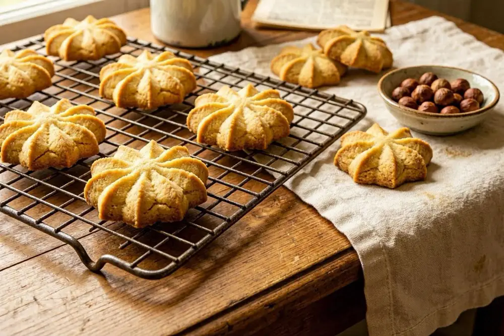 Golden hazelnut biscuits pressed into traditional shapes, arranged on a wire cooling rack