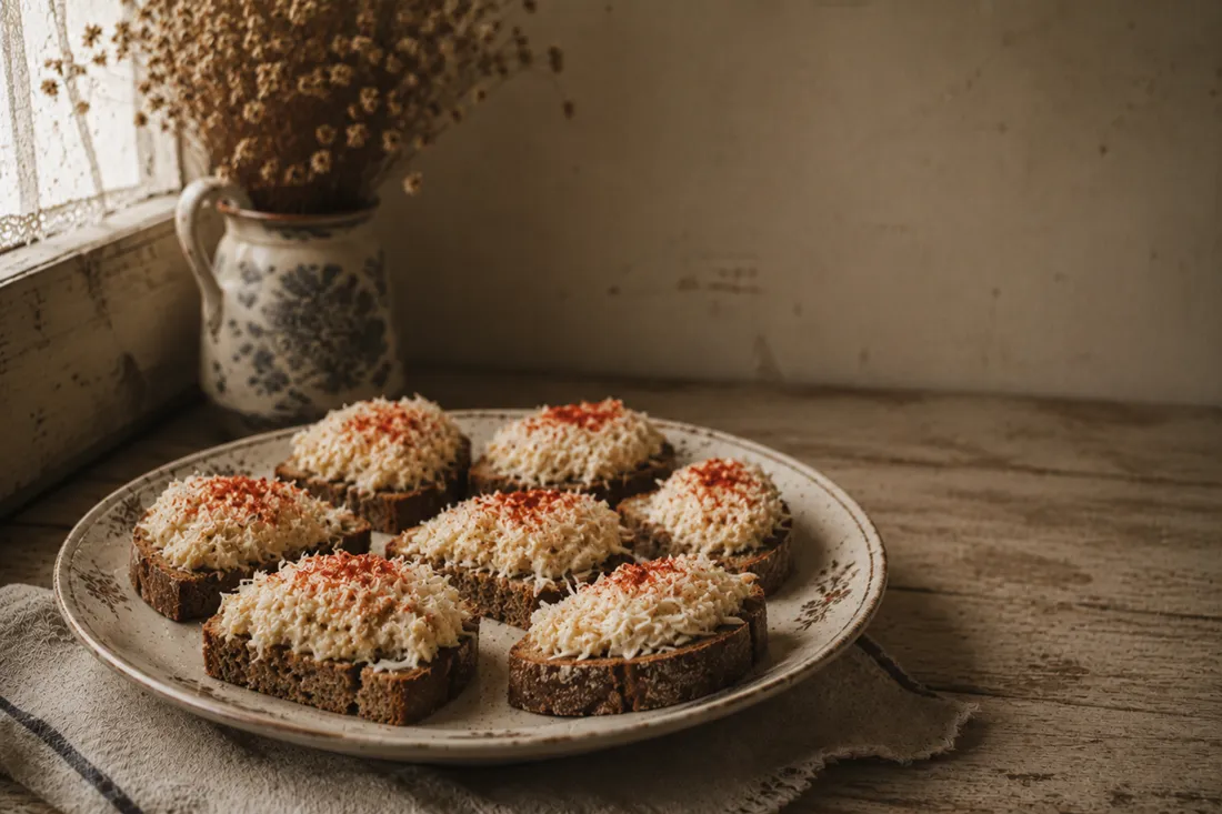 Small canapés topped with herring butter spread, grated cheese, and paprika