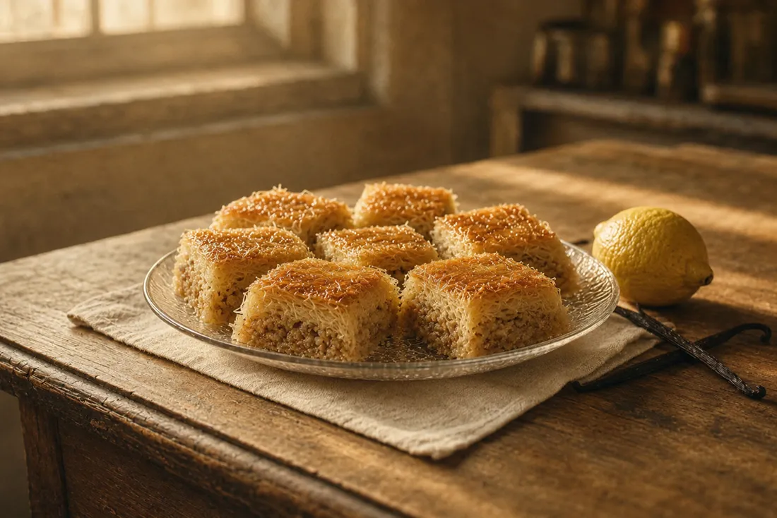 Golden squares of syrup-soaked kadaif on a glass plate, layered with almonds