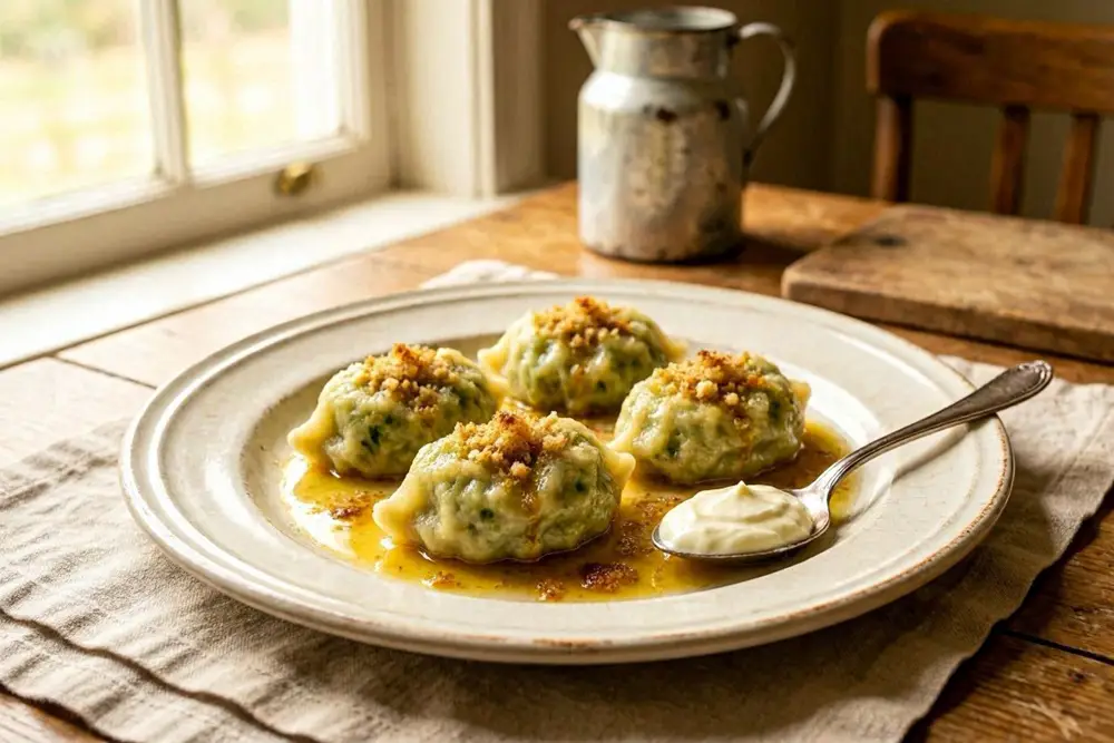 Kale dumplings on a round plate, glistening with browned butter and breadcrumbs, with sour cream alongside