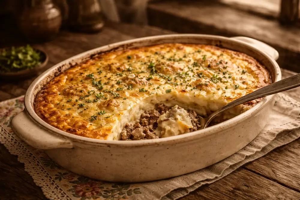 A baked casserole dish of kohlrabi moussaka with a golden, set sour cream and egg topping