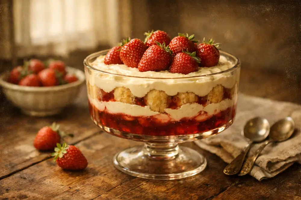 Layered piskote dessert in a glass bowl, topped with glossy strawberry syrup and whole fresh strawberries