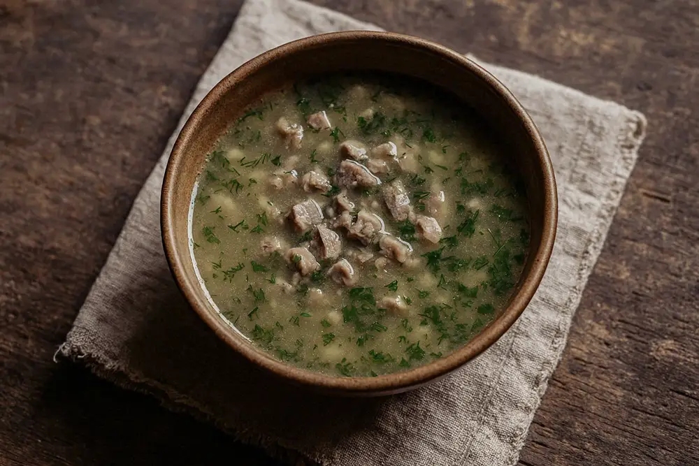 Bowl of lamb intestines soup with fresh herbs on a rustic wooden table
