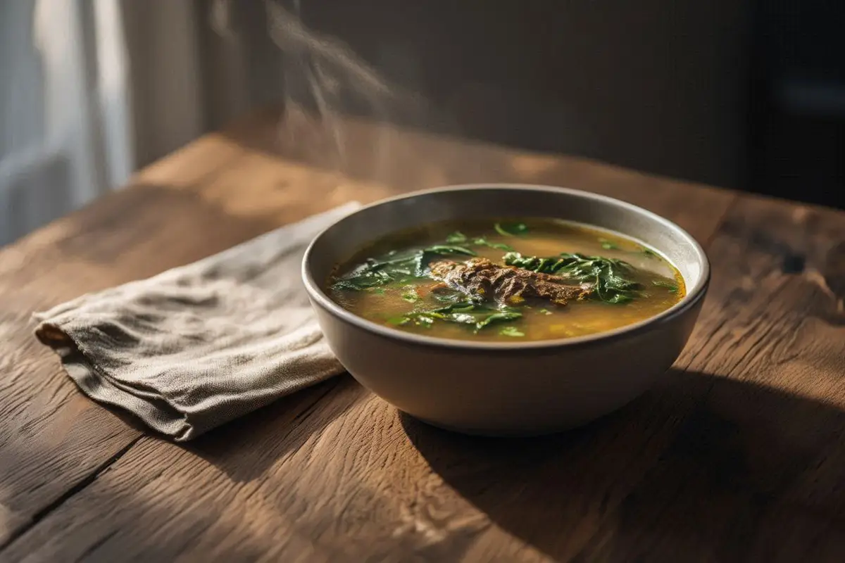 A deep ceramic bowl of golden-brown lamb broth soup with spinach and fresh parsley, on a dark oak table with a linen napkin.