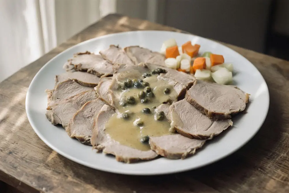 Sliced poached lamb on a white serving plate, pale caper sauce poured over, cubed carrot and kohlrabi alongside