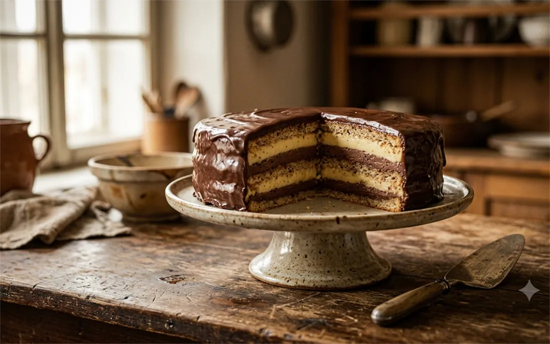 A four-layer almond torte with chocolate glaze, sliced to show the custard and chocolate-hazelnut filling layers