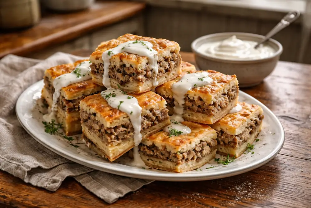 Layered meat pie cut into squares on a serving platter, topped with warm sour cream and grated cheese, photographed on a linen cloth