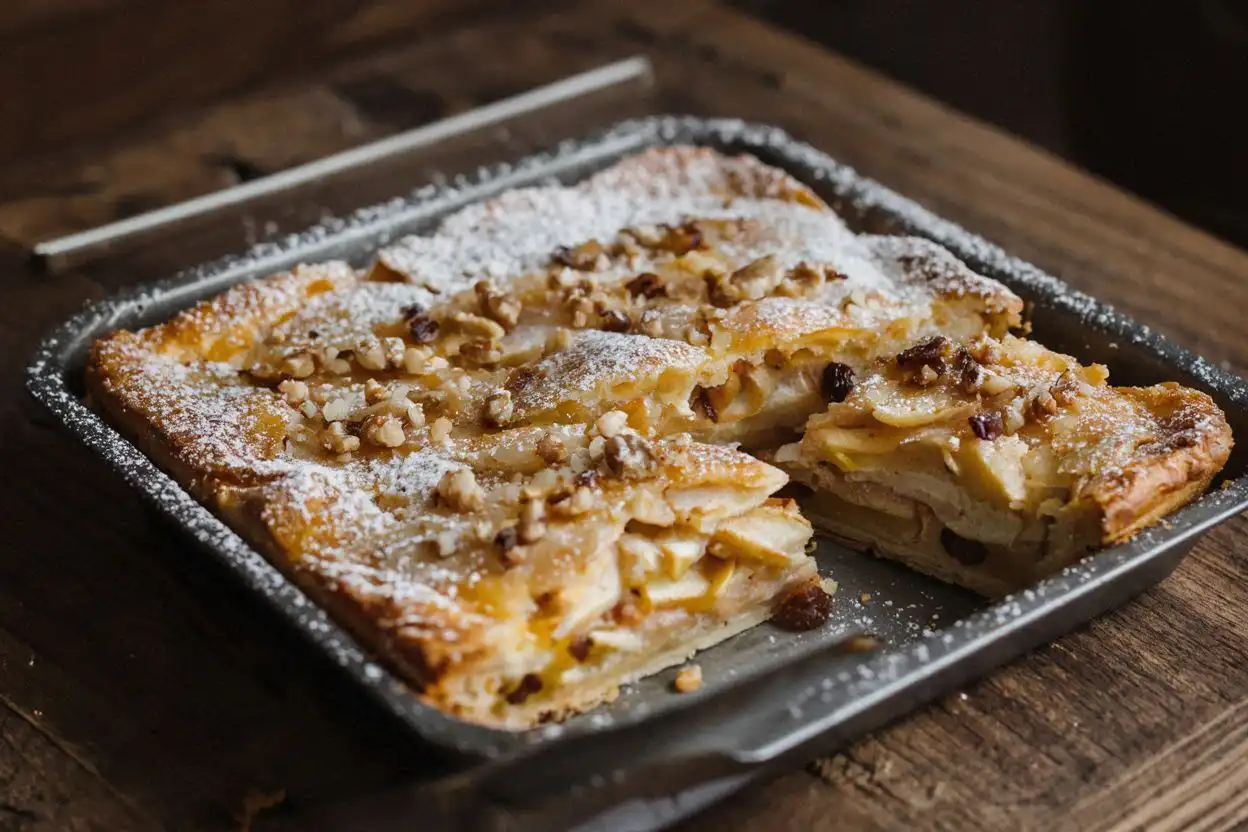 Golden baked cinnamon apple pie with walnut topping