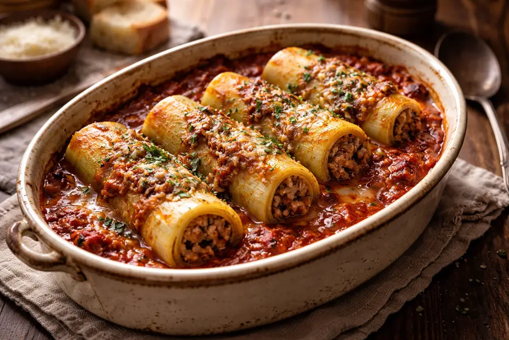 A ceramic casserole dish of stuffed leek tubes baked in a tomato and ground pork base, golden and bubbling from the oven