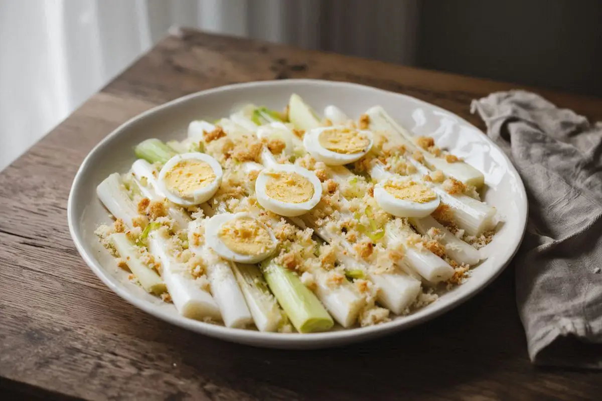 Tender white leek pieces arranged in a shallow ceramic dish, topped with golden buttered breadcrumbs and sliced boiled egg, on a dark oak table with a linen napkin.