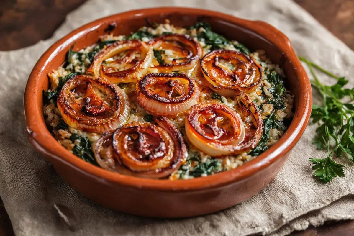 Lenten spinach and rice casserole in a ceramic baking dish with golden onion ring topping and paprika roux