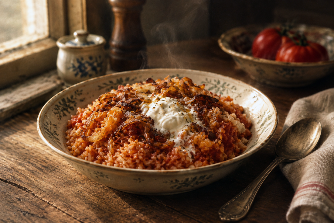Bowl of tomato rice with fried onions, ready to serve