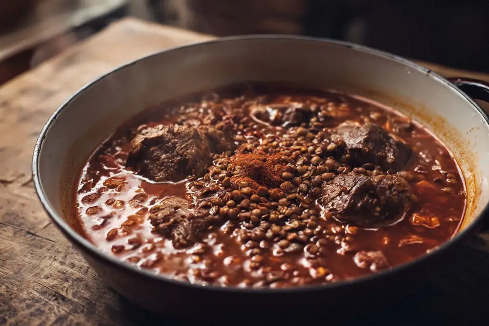 Deep red veal and lentil paprikaš in a wide pot, garnished with a dusting of sweet paprika