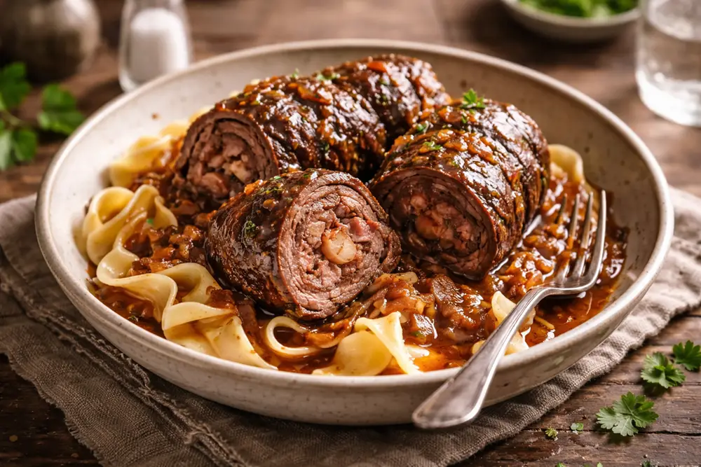 Stuffed beef rolls braised in a thick onion sauce, served over egg noodles