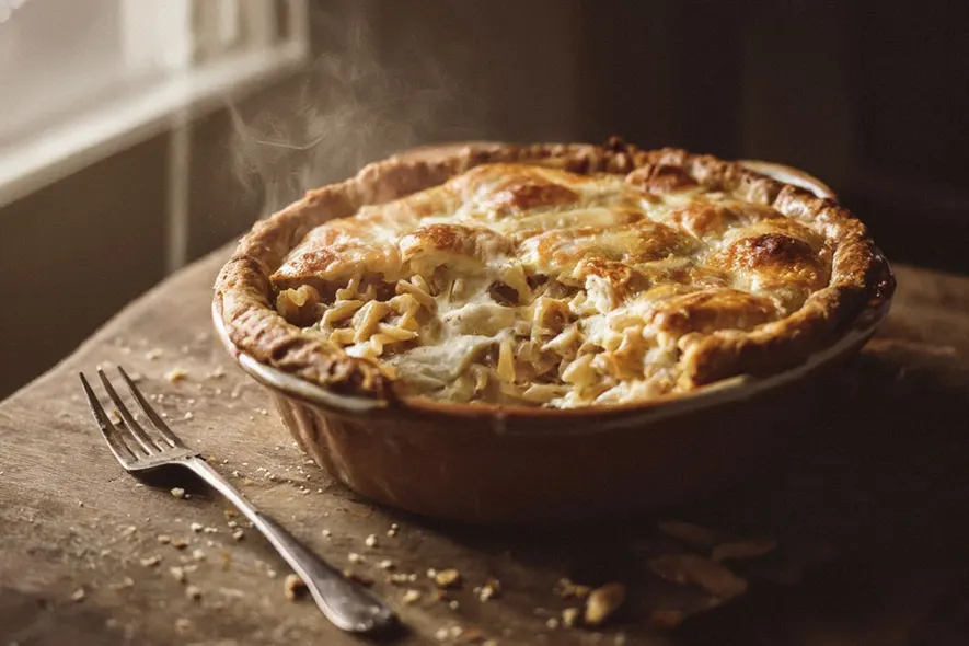 Golden-brown macaroni cheese pie in a rustic baking dish, cut to reveal the layered pasta and white cheese filling