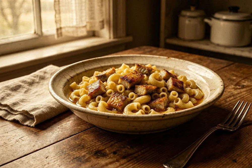 A bowl of macaroni tossed with golden fried salted fish pieces