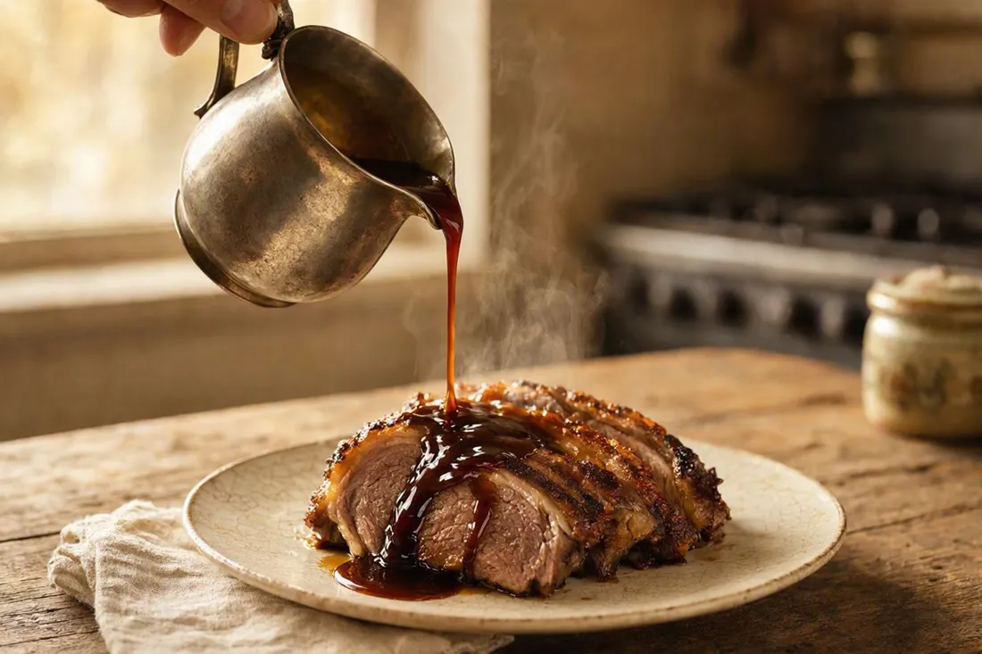 Glossy brown Madeira wine sauce in a small pitcher