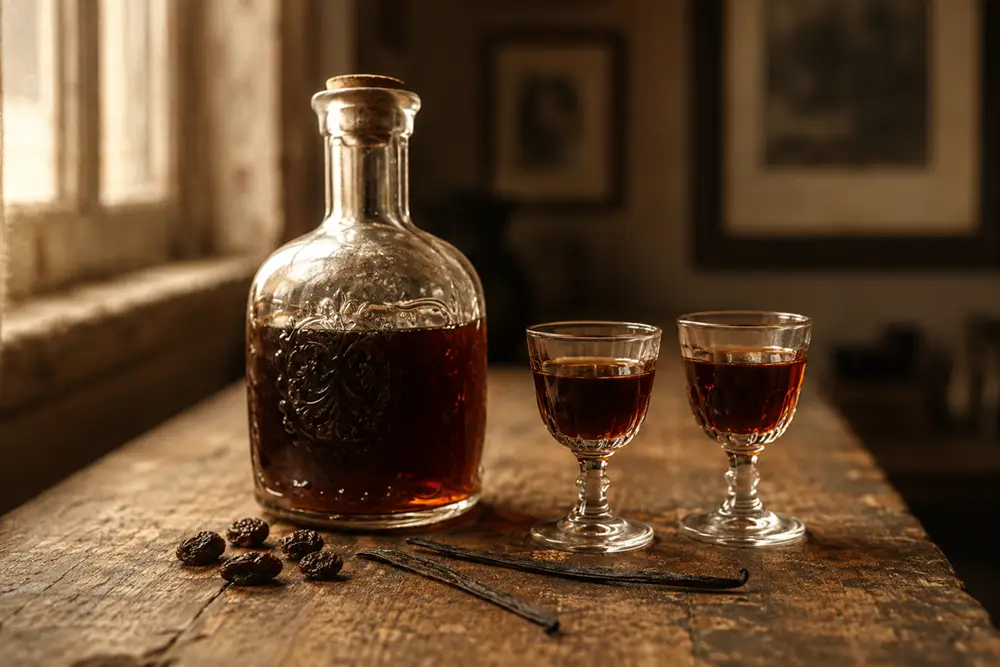 Two small glasses of deep amber homemade Malaga wine liqueur on a wooden surface with raisins and a vanilla pod