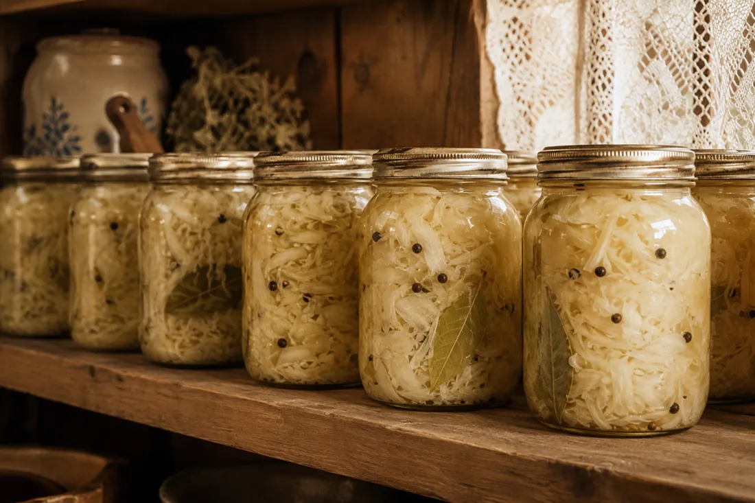 Jars of shredded marinated cabbage in vinegar brine