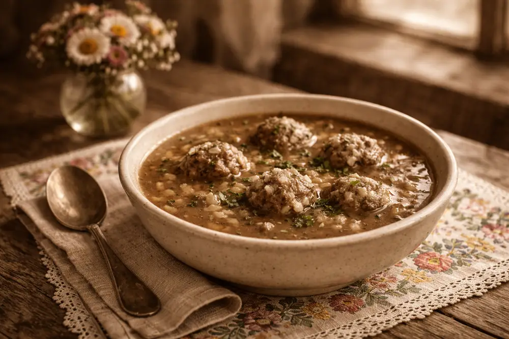 A bowl of thick soup with small beef and rice dumplings, garnished with chopped parsley