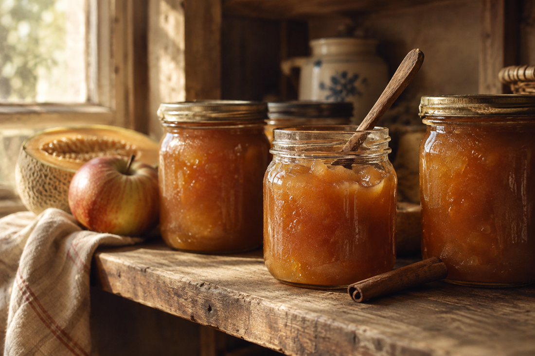 Jars of melon and apple pekmez fruit butter on a shelf