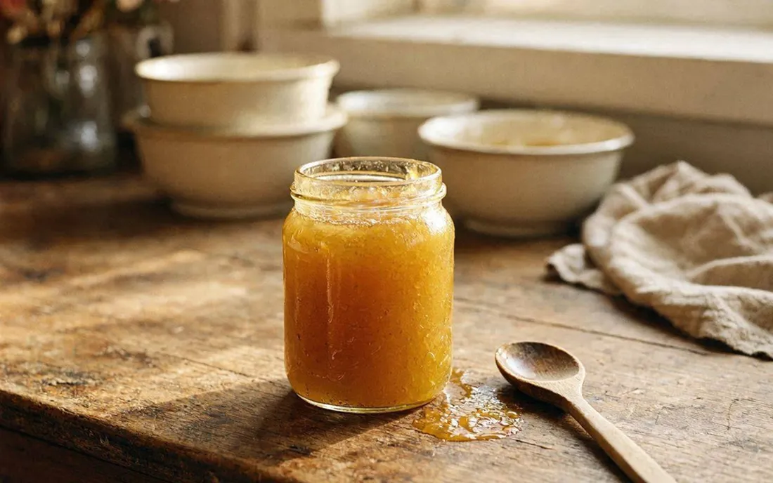 A jar of golden melon preserve with a wooden spoon, warm kitchen light