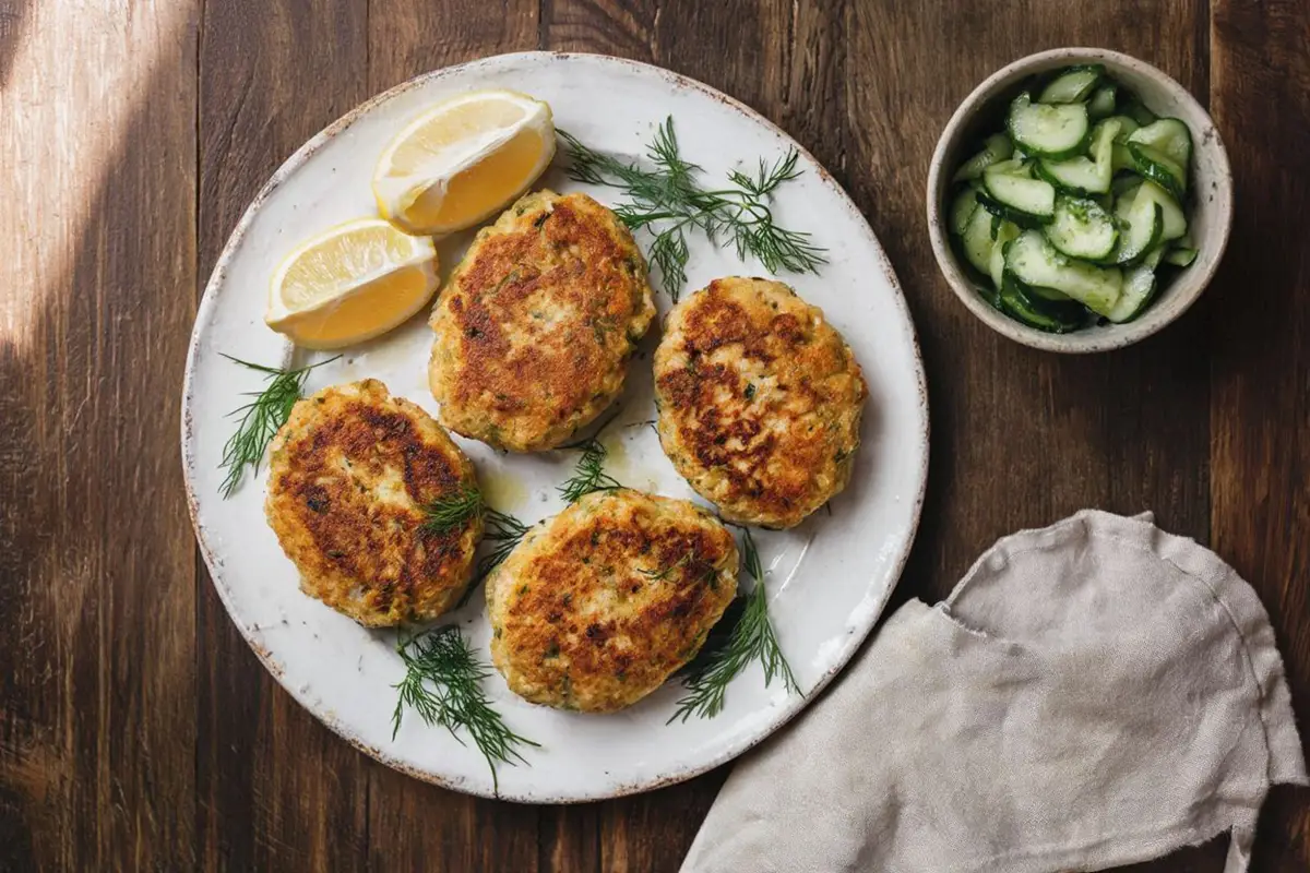Golden-brown mince fish steaks served on a white plate with fresh salad on the side