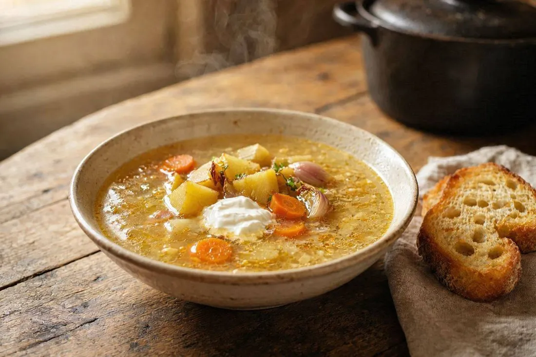 Bowl of mixed bone broth soup with root vegetables, sour cream, and fried bread on the side
