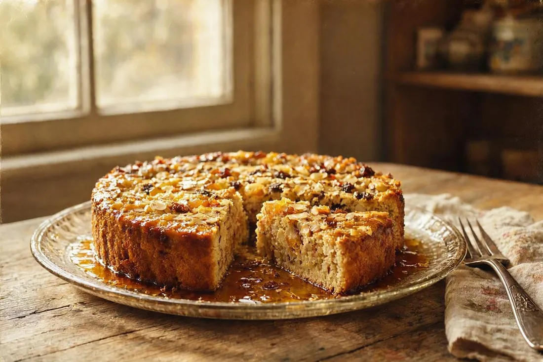 Sliced almond torte with candied fruit, glistening with rum syrup, on a glass plate