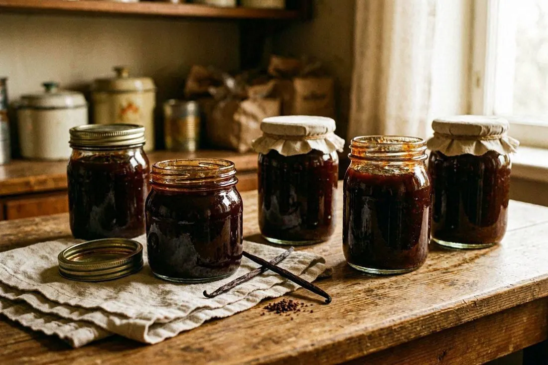 Jars of dark, thick mixed fruit pekmez cooling on a wooden counter