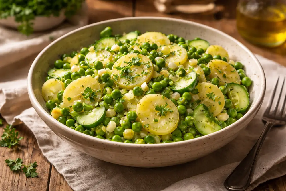 Mixed potato and pea salad in a wide bowl, drizzled with olive oil and garnished with chopped parsley