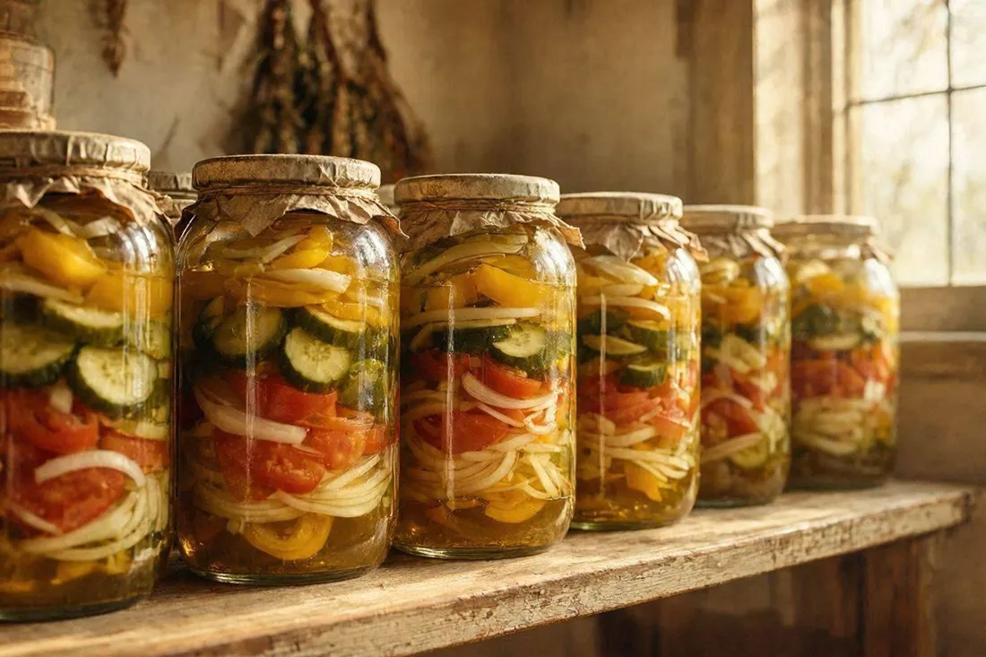 Jars of mixed sliced vegetables in a golden vinegar brine, sealed and ready for storage