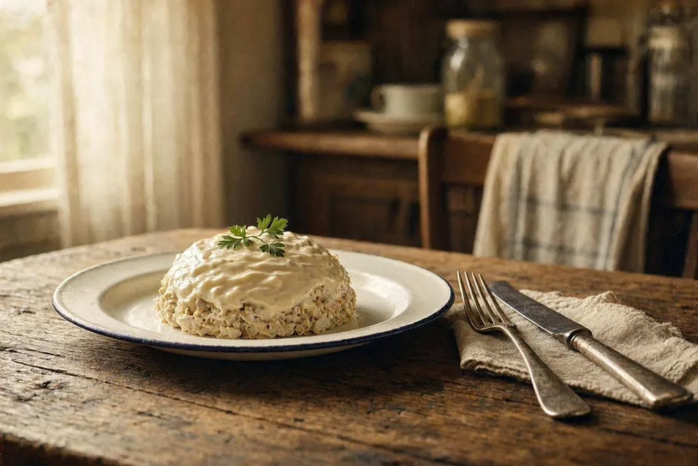 Molded cold mushroom and chicken appetizer coated in mayonnaise on a plate
